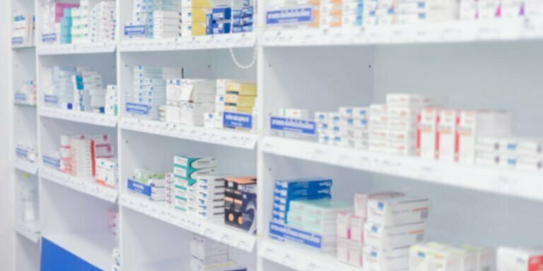 Medications on pharmacy shelf